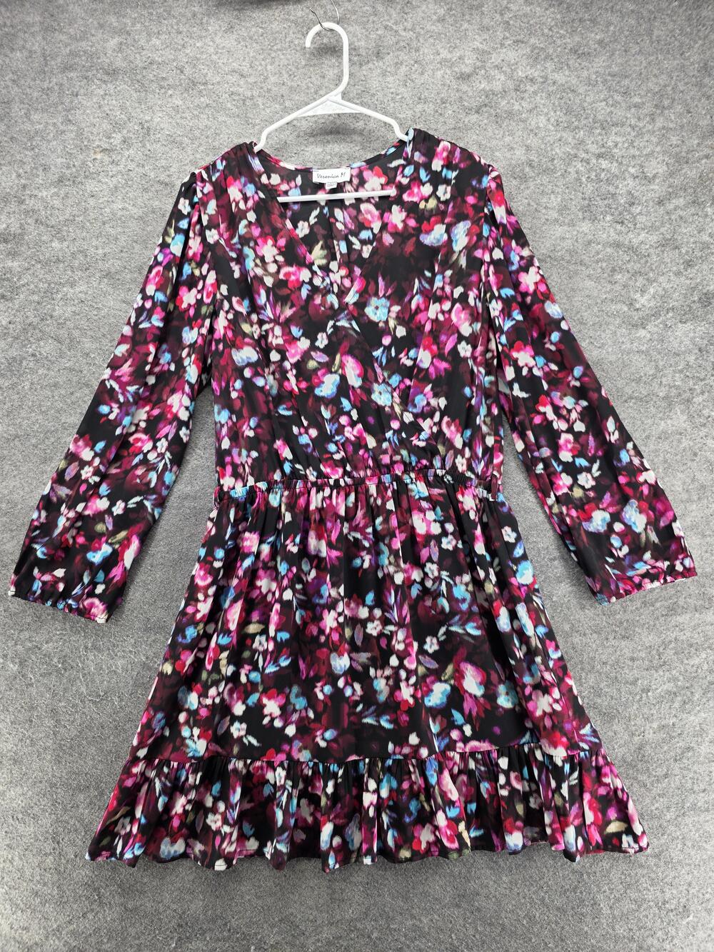 Veronica M Dress Womens Large Black Floral V Neck Fit Flare Hem Knee Length